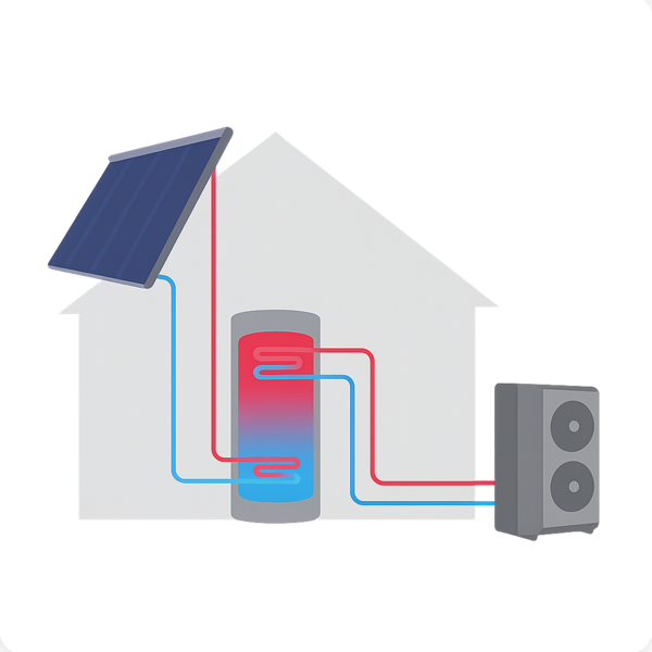 Solarthermie und Wärmepumpe – Energiefluss im Haus einfach erklärt Schematische Darstellung eines Solarthermie-Systems mit Wärmepumpe und Warmwasserspeicher im Haus